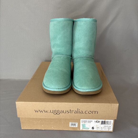 Womens UGG Australia Boots Classic Short Aqua Suede Wool Light Green Blue Sz 6 - Picture 1 of 16